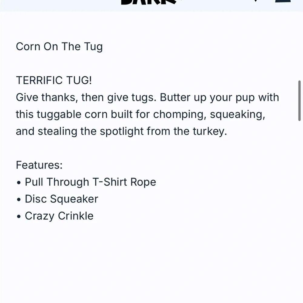 NWT Bark Corn on The Tug Barkbox Dog Toy